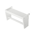 White metal wall bracket for floating shelf installation, close-up showing mounting tabs and screw holes