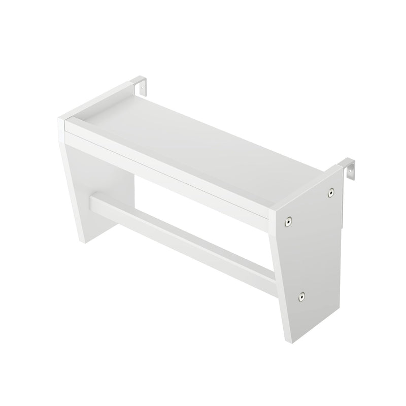 White metal wall bracket for floating shelf installation, close-up showing mounting tabs and screw holes