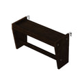 Dark stained wood wall shelf with silver L-shaped metal mounting brackets and exposed screw holes, modern floating shelf support