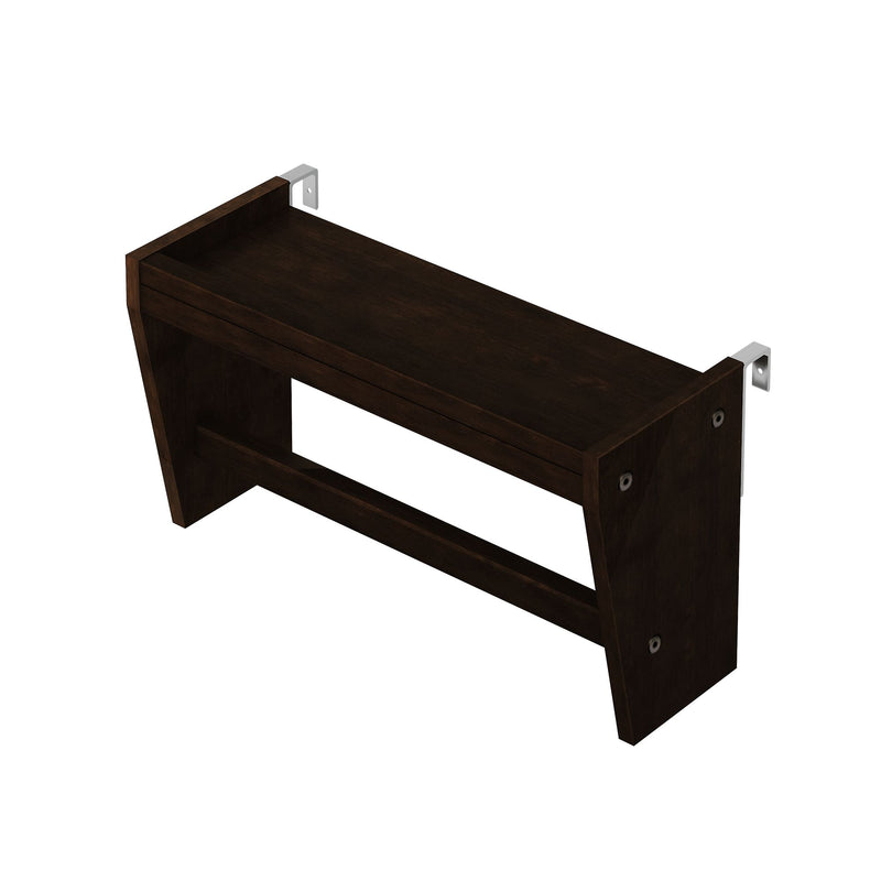 Dark stained wood wall shelf with silver L-shaped metal mounting brackets and exposed screw holes, modern floating shelf support