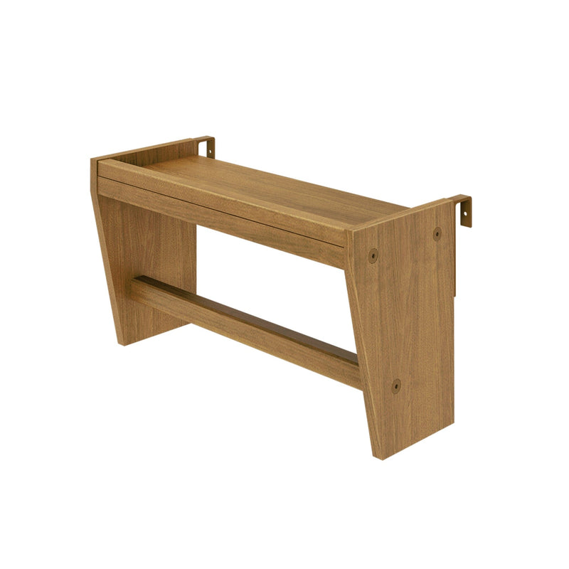 Wall-mounted oak-finish wooden bench with angled side supports and lower footrest bar, compact space-saving entryway seating for hallways and mudrooms