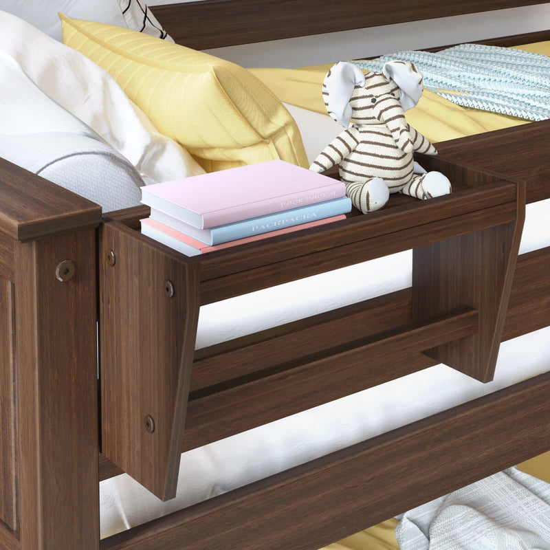 Wooden toddler bed with yellow bedding, striped elephant plush toy, pastel children's books and blue knitted blanket, nursery decor and kids bedroom accessories