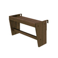 Close-up of rustic brown wooden wall-mounted shelf bracket with screw holes and support stretcher, industrial floating shelf support