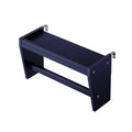 Navy blue wall-mounted floating shelf with silver metal L‑brackets and open cubby storage, modern wooden shelf for hallway or living room.