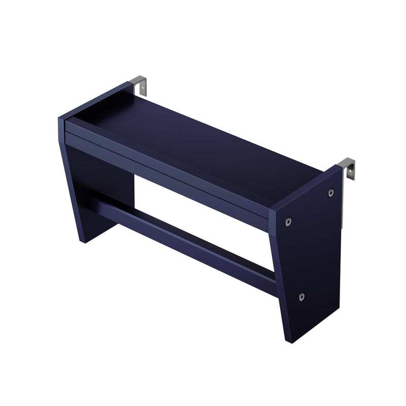 Modern navy blue wall-mounted floating shelf with integrated towel bar and metal brackets — space-saving bathroom storage solution