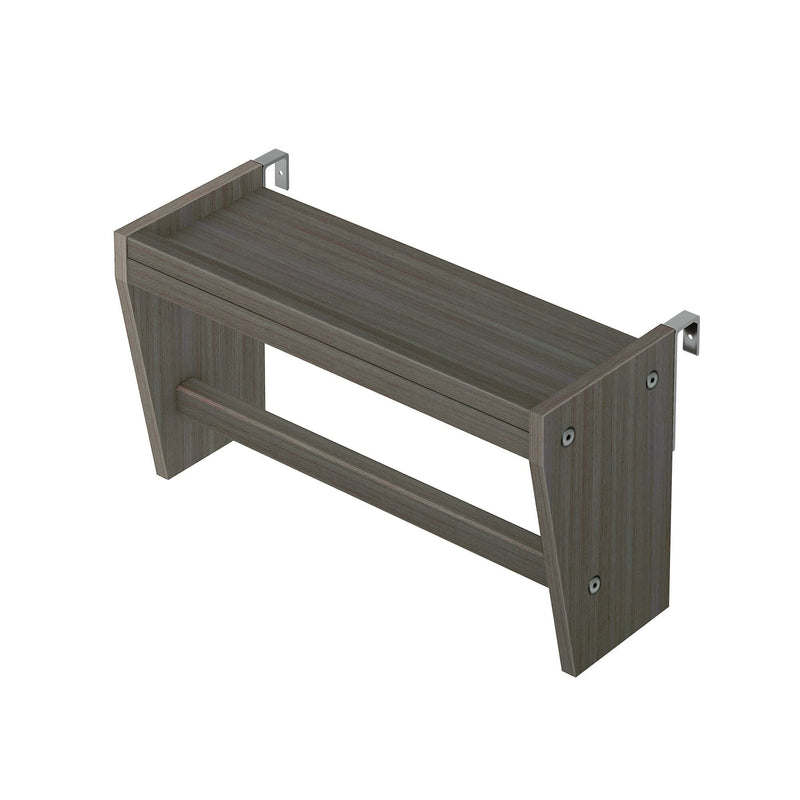 Modern gray wood wall-mounted shelf with integrated towel bar and metal mounting brackets for bathroom or kitchen storage