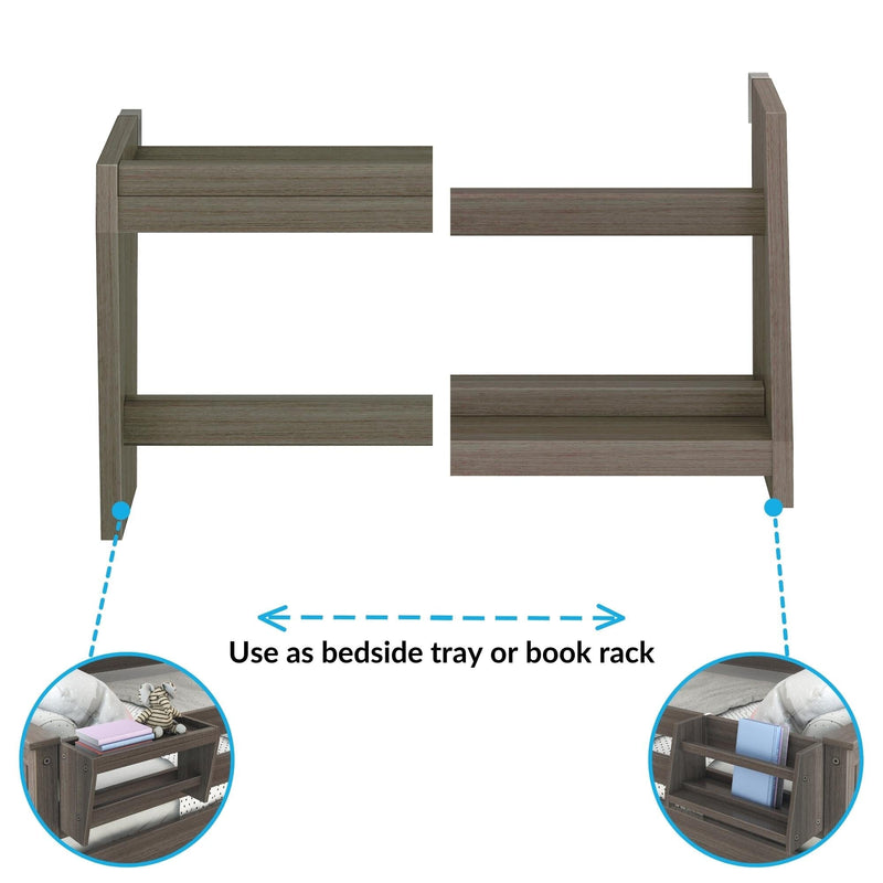 Attachable gray wood bedside tray and book rack for bed frame, two-tier shelf organizer for books, phone and bedside accessories