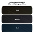 Wood finish comparison showing warm, neutral, and cool tones under different lighting conditions — three stained wood sample swatches