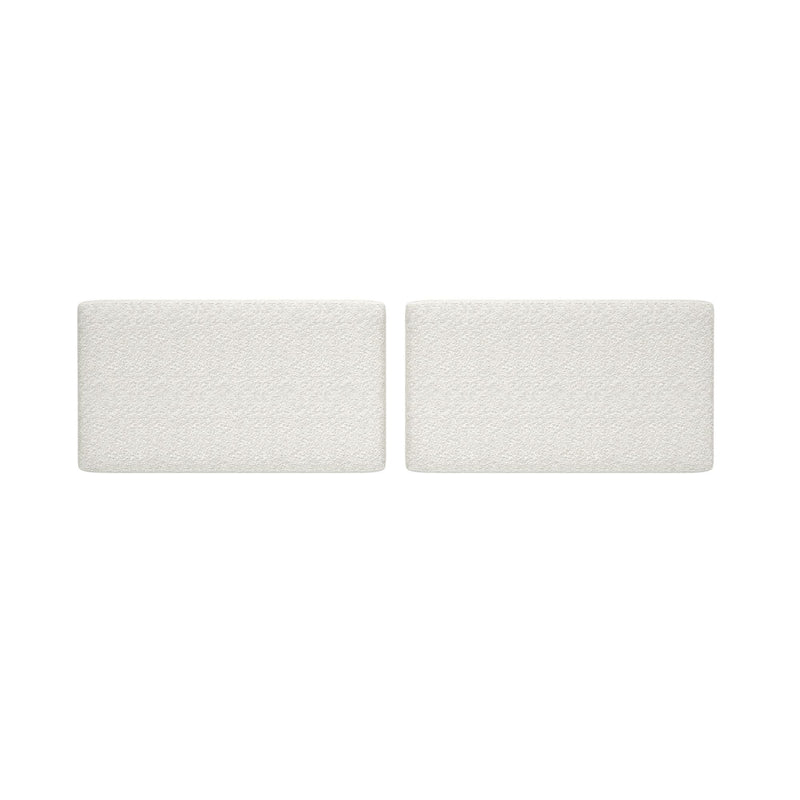 Pair of beige textured upholstered headboard panels with rounded tops on a white background