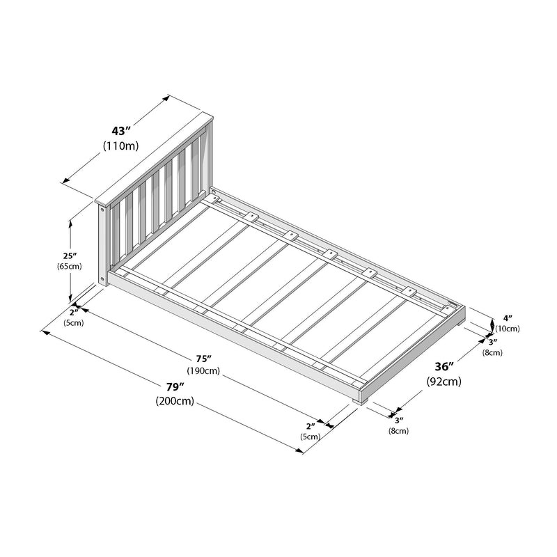 Technical assembly diagram of a wooden slatted bed frame with headboard and labeled measurements in inches and centimeters — overall frame 79" x 36" (200cm x 92cm), slatted base, headboard height 43" (110cm) and 4" (10cm) clearance.