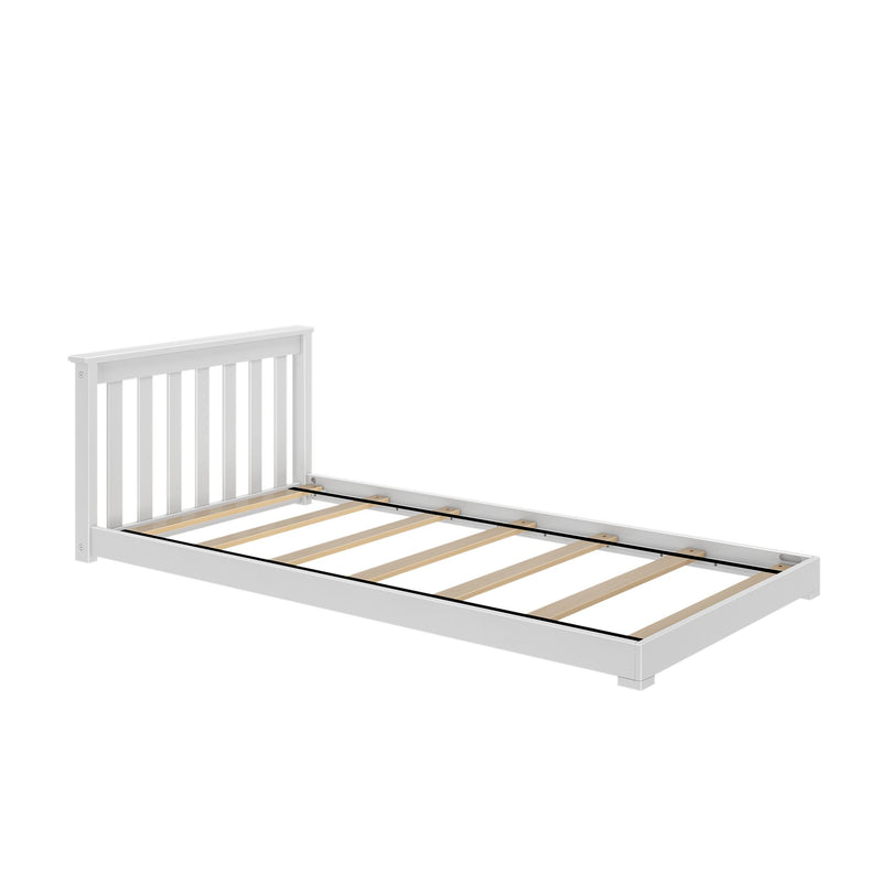White wooden platform bed frame with vertical slat headboard and wooden slats, modern minimalist design