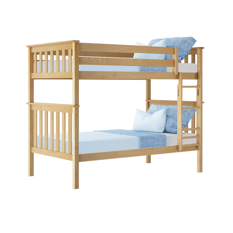 Natural pine twin-over-twin bunk bed with ladder and blue bedding, loft-style kids' bedroom furniture
