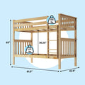Twin-over-twin loft bunk bed in natural wood with ladder and safety guardrails, 400 lb weight capacity per bunk, dimensions 81.5" L × 42.5" W × 65" H with 36.25" upper-bunk clearance — space-saving kids' bedroom solution