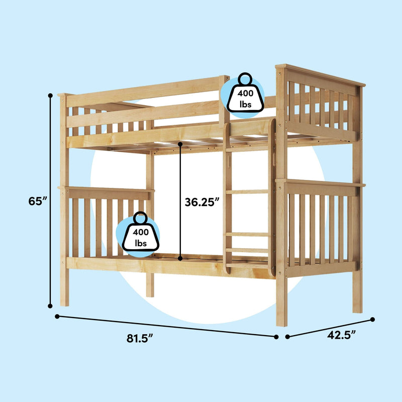 Twin-over-twin loft bunk bed in natural wood with ladder and safety guardrails, 400 lb weight capacity per bunk, dimensions 81.5" L × 42.5" W × 65" H with 36.25" upper-bunk clearance — space-saving kids' bedroom solution