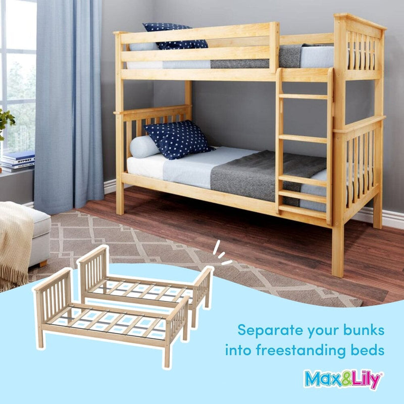 Max & Lily natural light wood twin bunk bed for kids, convertible design separates into two freestanding twin beds with ladder and slatted headboards, modern kids bedroom