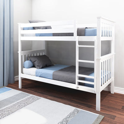 White wooden twin-over-twin bunk bed in modern kids bedroom with blue and gray bedding, ladder, hardwood floor and area rug