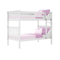 White twin-over-twin wooden bunk bed with pink bedding, built-in ladder and slatted guardrails — modern kids' bedroom furniture