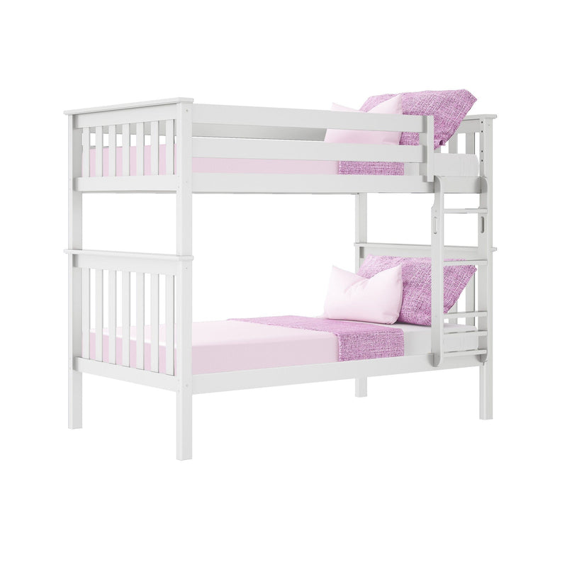 White twin-over-twin wooden bunk bed with pink bedding, built-in ladder and slatted guardrails — modern kids' bedroom furniture