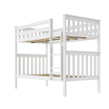 White wooden twin-over-twin bunk bed with guard rails, ladder and slatted wood supports for children's bedroom furniture