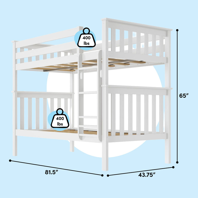 White wooden twin-over-twin loft bed with ladder and safety guardrails, 65-inch height, 81.5-inch length x 43.75-inch width, 400 lb weight capacity per bunk