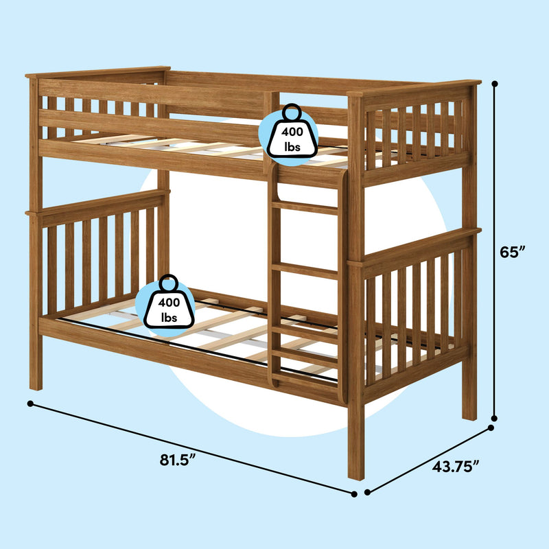 Solid wood twin-over-twin bunk bed with side ladder and slatted guardrails in natural oak finish, 400 lb weight capacity per bunk, dimensions 81.5 in L × 43.75 in W × 65 in H
