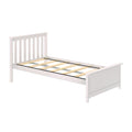 White wooden platform bed frame with vertical slatted headboard and exposed wooden slats, modern minimalist bedroom furniture, mattress not included