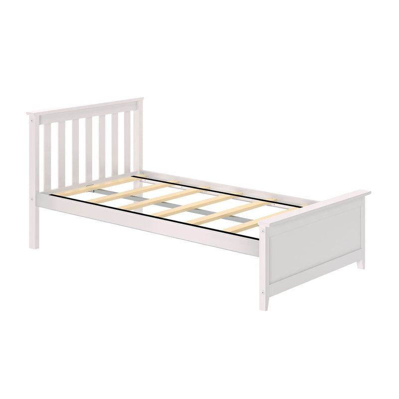 White wooden platform bed frame with vertical slatted headboard and exposed wooden slats, modern minimalist bedroom furniture, mattress not included