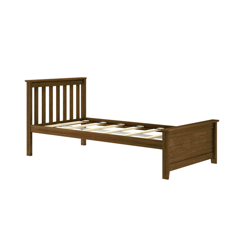 Rustic brown solid wood platform bed frame with vertical slatted headboard and mattress-support slats