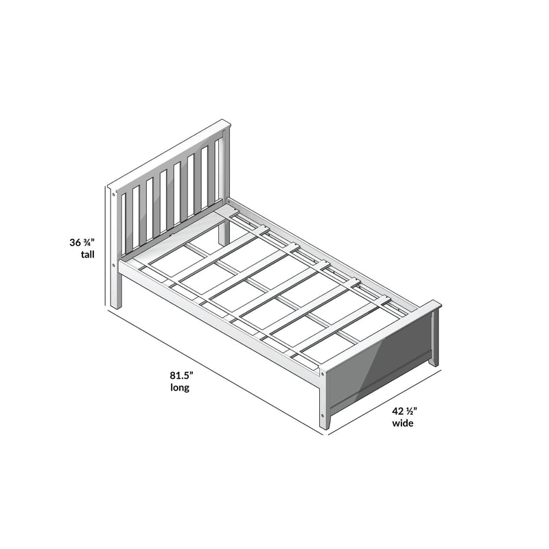 Wooden platform bed frame with slatted headboard, assembly diagram showing dimensions 81.5 in long × 42.5 in wide × 36.75 in tall