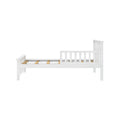 White wooden toddler bed frame with slatted mattress support and side rail, modern convertible kids' single bed