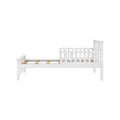 White wooden toddler bed frame with slatted mattress support and safety guardrail, modern nursery daybed for kids' bedroom