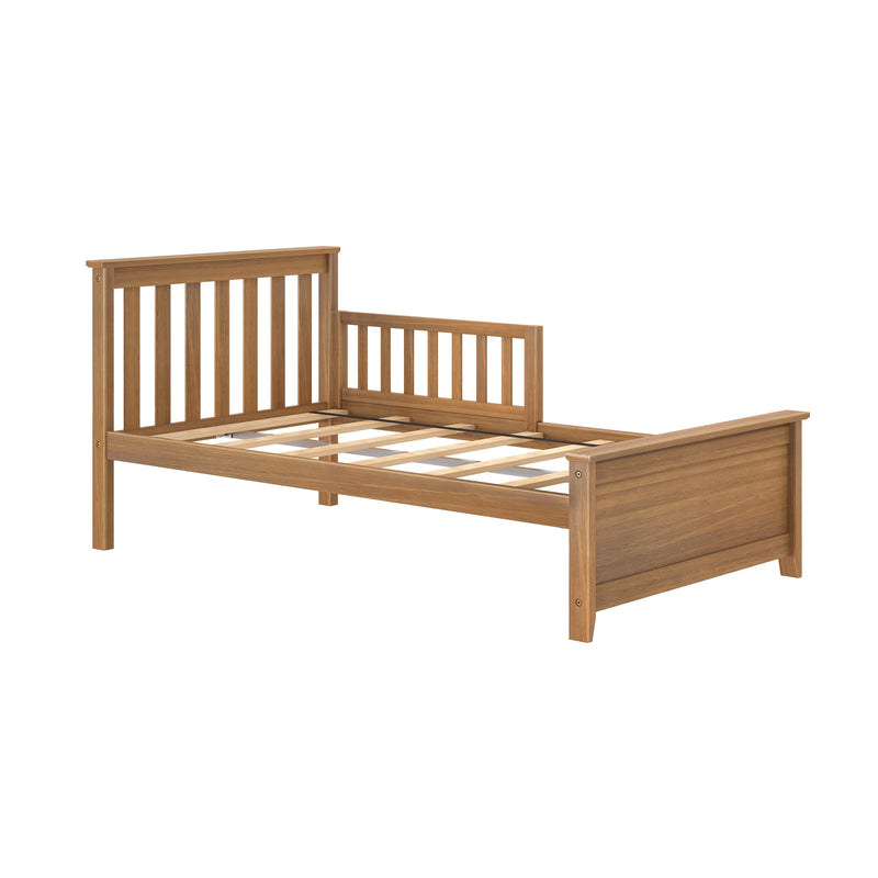 Wooden platform bed frame with light oak finish, slatted headboard and footboard, open slat mattress support (mattress not included)