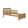 Oak-tone wooden single bed frame with slatted headboard and footboard, platform-style frame in natural finish