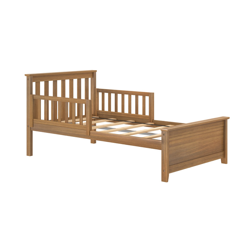 Oak-tone wooden single bed frame with slatted headboard and footboard, platform-style frame in natural finish