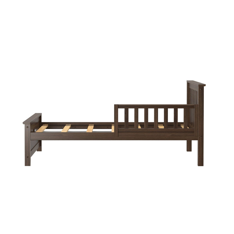 Dark brown wooden platform bed frame with slatted headboard and footboard and exposed mattress slats