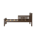 Dark walnut mission-style wooden bed frame with slatted headboard and footboard and exposed platform slats, twin/single modern farmhouse bedroom furniture