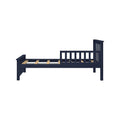 Navy blue wooden twin bed frame with slatted base, headboard and guardrail for kids' room
