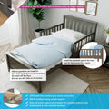 Gray wooden toddler bed with removable guardrail, blue polka-dot bedding, easy-install safety rail for standard mattresses