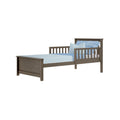 Wooden twin bed with slatted headboard and footboard in gray-brown finish, styled with light blue sheets and textured blue throw
