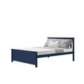 Navy blue twin bed frame with grey textured bedding and white pillow — modern wooden platform bed product photo on white background