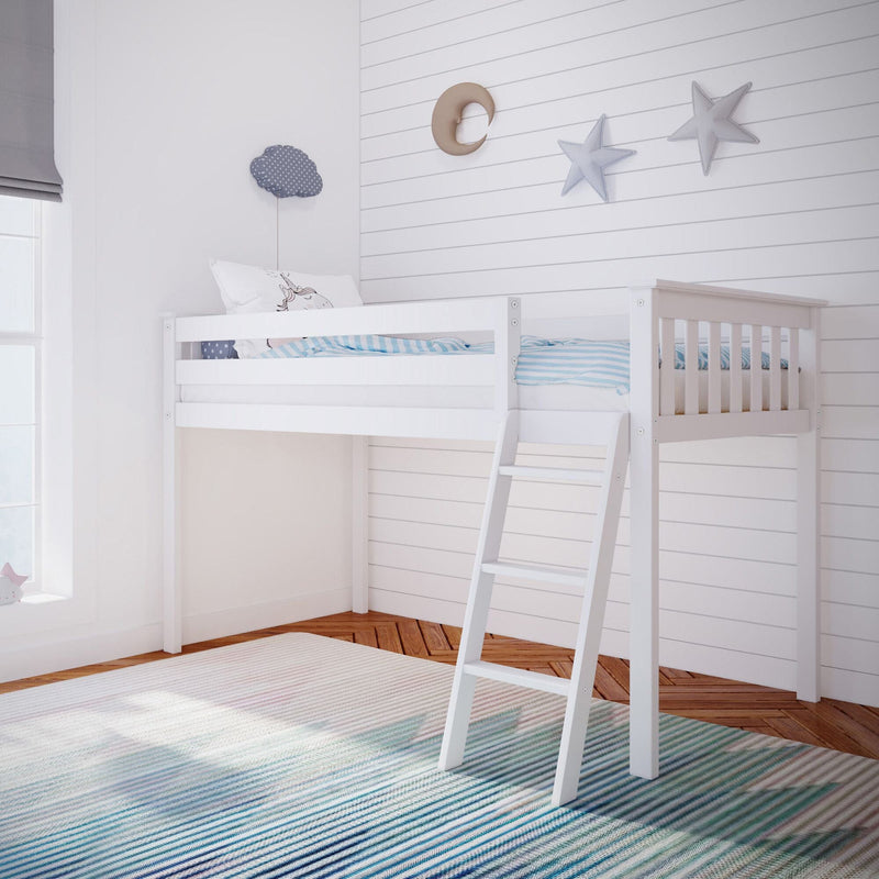 Children's white wooden loft bed with ladder in bright kids' bedroom, blue striped rug and moon-and-star wall decor