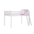 White wooden loft bed with ladder and pink bedding, space-saving kids or toddler bed for small bedrooms