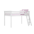White twin loft bed with ladder and safety rails, pink bedding and pillow, space-saving kids loft bed for small bedrooms