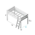 Assembly diagram of an elevated loft bed frame with ladder and slatted guardrails, showing dimensions and underbed clearance