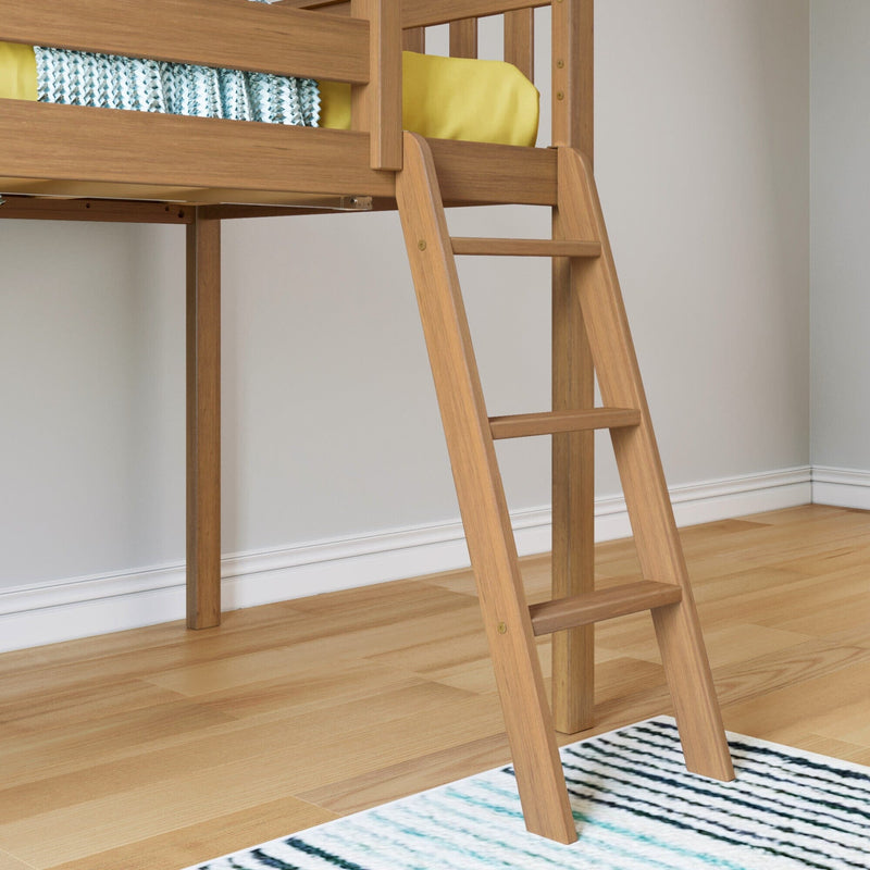 Modern wooden loft bed with angled ladder, yellow bedding and blue patterned throw over hardwood floor and striped area rug