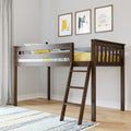 Dark wood loft bed with ladder in modern kids' bedroom, yellow bedding, knitted throw, striped rug and framed cat prints on gray wall
