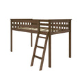 Dark brown wooden twin loft bed with slatted guardrails and ladder, space-saving elevated platform bed