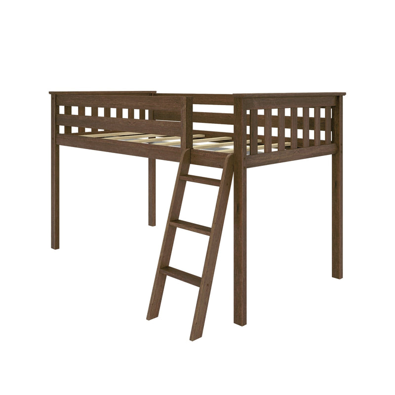 Dark brown wooden twin loft bed with slatted guardrails and ladder, space-saving elevated platform bed