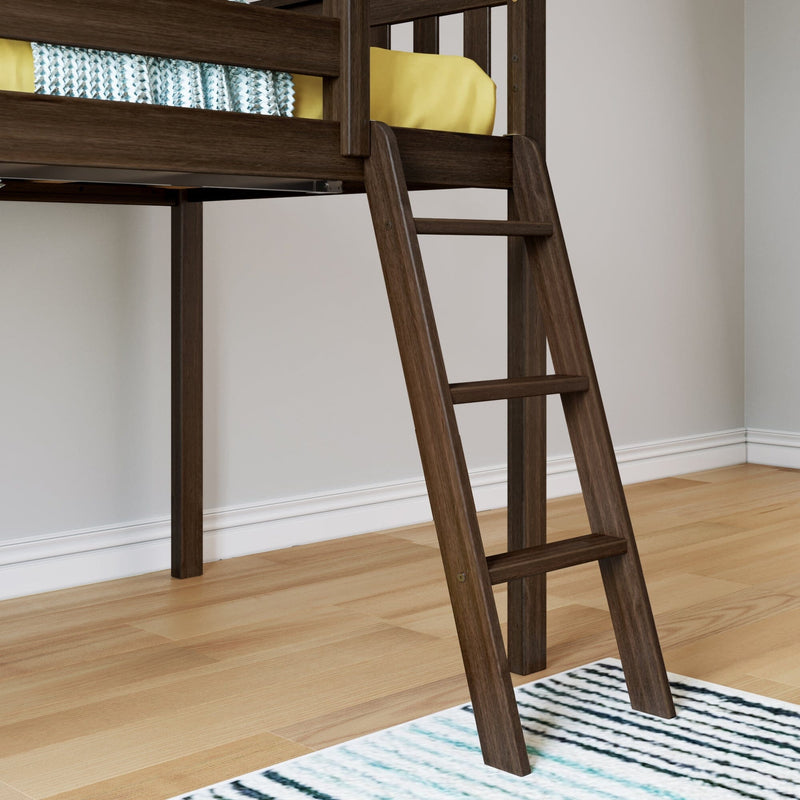 Dark wood loft bed ladder and modern bunk frame with yellow bedding, patterned mattress and hardwood floor