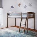 Wooden children's loft bed with ladder in bright nursery, striped blue bedding, star and moon wall decor, polka-dot cloud